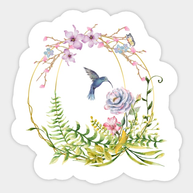 Glittering Golden Floral Hummingbird Terrarium Sticker by LittleBunnySunshine